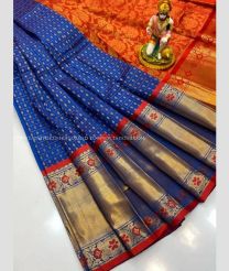 Blue and Red color kuppadam pattu handloom saree with all over checks and buties design -KUPP0096739