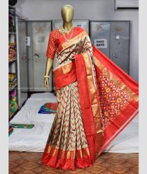 Lite Grey and Tomato Red color pochampally ikkat pure silk handloom saree with all over buties saree design -PIKP0015996