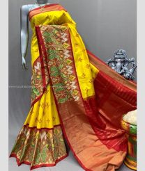 Yellow and Brown color pochampally ikkat pure silk handloom saree with pochampalli border saree design -PIKP0016514