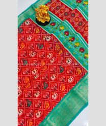 Red and Turquoise color Chenderi silk handloom saree with all over pochampally design with kanchi border -CNDP0015798