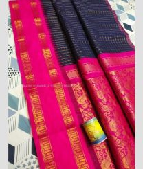 Navy Blue and Pink color Chenderi silk handloom saree with all over mothi checks with temple border design -CNDP0016053
