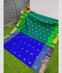 Royal Blue and Forest Fall Green color Uppada Soft Silk handloom saree with all over topi buties design -UPSF0003885
