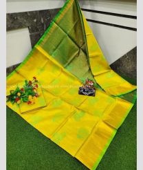 Yellow and Green color Uppada Tissue handloom saree with all over screen printed design -UPPI0001691