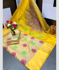 Cream and Yellow color Uppada Tissue handloom saree with all over printed buties design -UPPI0001443