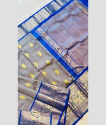 Grey and Blue color gadwal pattu handloom saree with all over buties with kanchi kuthu temple kothakomma borders design -GDWP0001592