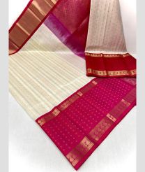 Half White and Pink color kuppadam pattu handloom saree with all over jari checks and buties with kuppadam kanchi border design -KUPP0097095