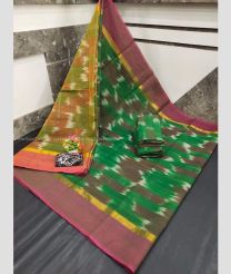 Green and Dust Pink color Uppada Cotton handloom saree with all over ikkat design -UPAT0004688