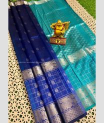 Navy Blue and Blue Turquoise color mangalagiri sico handloom saree with all over silver jari checks and buties with kanchi border design -MAGI0000212