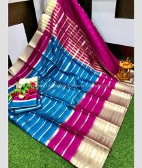 Blue Ivy and Deep Pink color Kora handloom saree with all over stripes design -KORS0000135