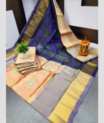 Peach and Navy Blue color Uppada Soft Silk handloom saree with all over ikkat design -UPSF0003744