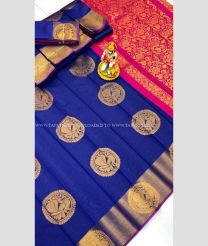 Blue and Magenta color Chenderi silk handloom saree with all over peacock buties design -CNDP0015723