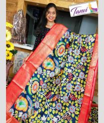 Navy Blue and Red color Banarasi sarees with kalamkari block printed design saree -BANS0002153