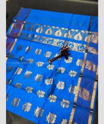 Blue and Lite Golden color Chenderi silk handloom saree with all over buties and checks design -CNDP0014060
