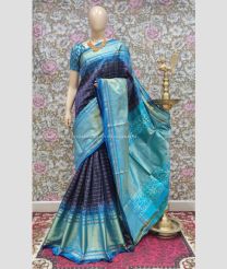 Navy Blue and Sky Blue color pochampally ikkat pure silk handloom saree with all over checks saree design -PIKP0016123