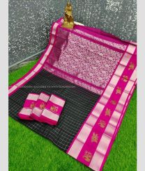 Black and Pink color Chenderi silk handloom saree with all over checks with buties border design -CNDP0012966