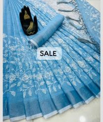 Sky Blue color linen sarees with chikan kari cotton thred work pallu design -LINS0003680