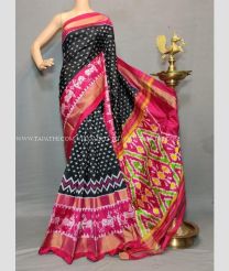 Black and Rani Pink color pochampally ikkat pure silk handloom saree with all over pochamally design -PIKP0014440