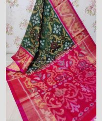 Pine Green and Pink color Ikkat sico handloom saree with pochampalli ikkat design -IKSS0000291