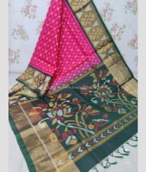 Pink and Forest Fall Green color Ikkat sico handloom saree with pochampalli ikkat design -IKSS0000322