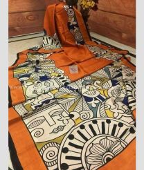 Cream and Orange color linen sarees with all over digital printed design -LINS0003704