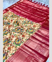 Cream and Carbon Red color Banarasi sarees with bandhani printed design -BANS0007917