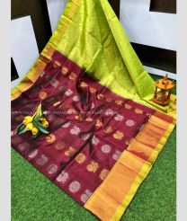 Maroon and Leafy Green color kuppadam pattu handloom saree with all over buttas design -KUPP0097171