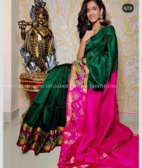 Pine Green and Pink color uppada pattu handloom saree with pochampally border design -UPDP0021227
