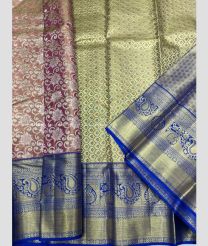 Dust Pink and Royal Blue color kanchi pattu handloom saree with all over jari design -KANP0013597