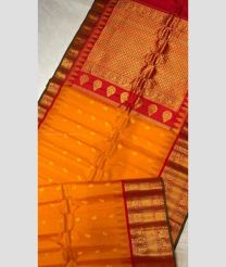 Orange and Red color gadwal pattu handloom saree with all over buties with kanchi kuthu temple kothakomma borders design -GDWP0001590