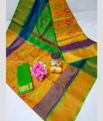 Orange and Green color uppada pattu handloom saree with all over pochampally design -UPDP0021198