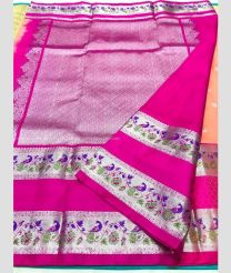 Lite Peach and Pink color venkatagiri pattu handloom saree with peacock border design -VAGP0000956