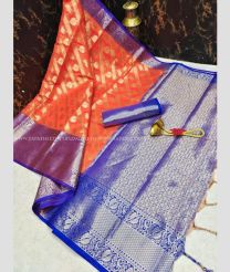 Orange and Royal Blue color Kora handloom saree with printed design saree -KORS0000028