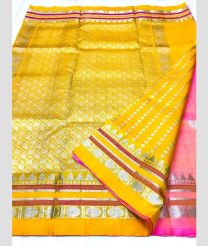 Coral Pink and Yellow color venkatagiri pattu handloom saree with all over silver jari buties design -VAGP0000873