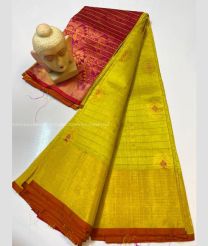 Acid Green and Red color Kollam Pattu handloom saree with all over checks and buties sarees design -KOLP0000667