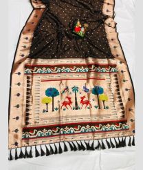 Brown and Green color Lichi sarees with zari border saree design -LICH0000136