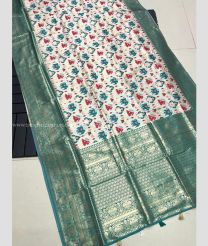 Half White and Blue Ivy color silk sarees with big boder and heavy mina zari weaving pallu design -SILK0017288