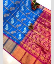 Blue and Magenta color Kollam Pattu handloom saree with all over checks with peacock buties design -KOLP0000801