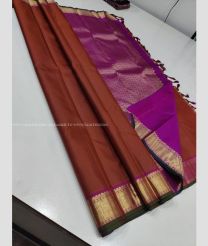 Chestnut and Neon Pink color kanchi pattu handloom saree with plain with handwoven 2g pure jari classic border design -KANP0013467