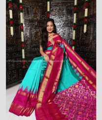 Turquoise and Pink color pochampally ikkat pure silk handloom saree with pochampally ikkat design -PIKP0036775