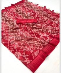 Burgundy and Cream color Georgette sarees with all over foil printed with fancy viscose woven border design -GEOS0024237
