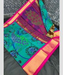 Teal and Pink color Uppada Soft Silk handloom saree with all over peacock printed design -UPSF0004045