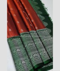 Dark Orange and Pine Green color soft silk kanchipuram sarees with all over buties with double warp border design -KASS0000935