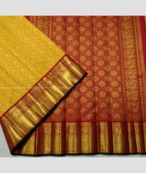 Mango Yellow Red and Green color kanchi pattu handloom saree with kanchi border saree design -KANP0001499