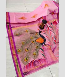Rose Pink and Neon Pink color Uppada Cotton handloom saree with all over brush printed design -UPAT0004518