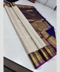 Half White and Blue color kanchi pattu handloom saree with plain with 2g pure jari korvai border design -KANP0013071