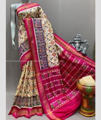 Cream and Pink color pochampally ikkat pure silk sarees with all over pochampally ikkat design -PIKP0037888