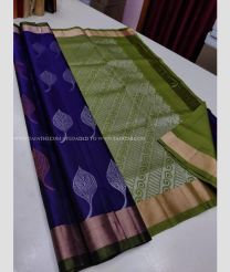Navy Blue and Mehndi Green color soft silk kanchipuram sarees with kaddy border saree design -KASS0000399