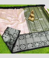 Lite Baby Pink and Black color Chenderi silk handloom saree with all over kuppadam design -CNDP0015340