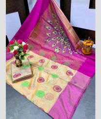Cream and Deep Pink color Uppada Tissue handloom saree with all over printed buties design -UPPI0001442