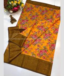 Olive and Mango Yellow color Chenderi silk handloom saree with printed design saree -CNDP0012052